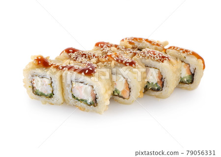 hot sushi roll on a white background isolated 79056331