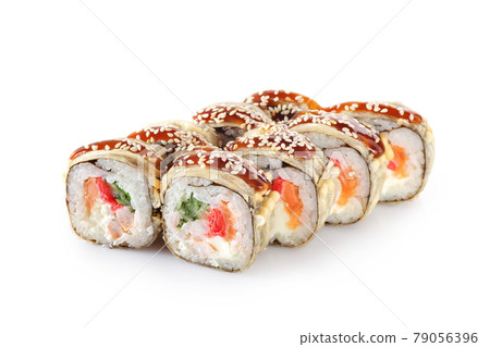 hot sushi roll on a white background isolated hot sushi roll on a white background isolated 79056396