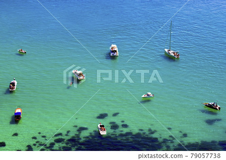 Coral lagoon with yachts and boats, top view 79057738