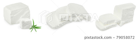 Feta cheese isolated on white background. With full depth of field. Set or collection 79058072