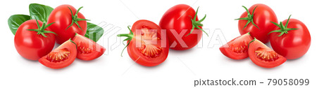 Tomato with slices isolated on white background with clipping path and full depth of field. Set or collection 79058099