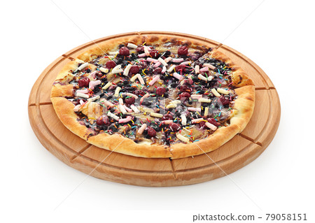 sweet pizza with berries and fruit on a wooden plate isolated on a white background sweet pizza with berries and fruit on a wooden plate isolated on a white background 79058151