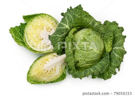 Savoy cabbage with half isolated on white background with clipping path and full depth of field. Top view. Flat lay Savoy cabbage with half isolated on white background with clipping path and full depth of field. Top view. Flat lay 79058153