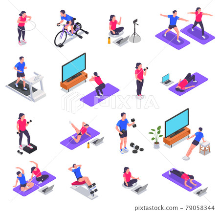 Online Fitness Workout Yoga At Home Isometric Icon Set 79058344