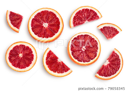 Blood red oranges slices isolated on white background with clipping path. Top view. Flat lay 79058345