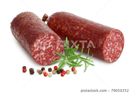 Smoked sausage salami isolated on white background with clipping path and full depth of field Smoked sausage salami isolated on white background with clipping path and full depth of field 79058352