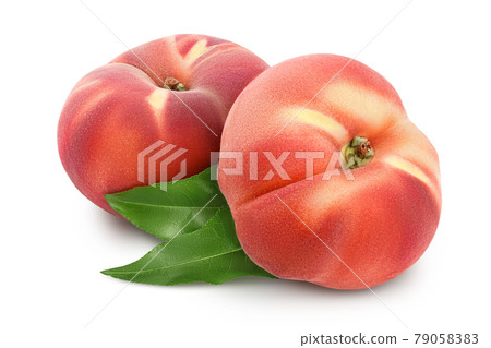 Ripe chinese flat peach fruit with leaf isolated on white background with clipping path and full depth of field 79058383