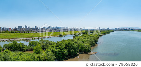 Panorama Yodogawa Sugawara Castle Kita Ohashi Castle From the north side to the center of Osaka city 79058826