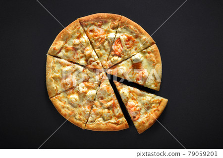 pizza with shrimps tomato cheese on black stone background 79059201