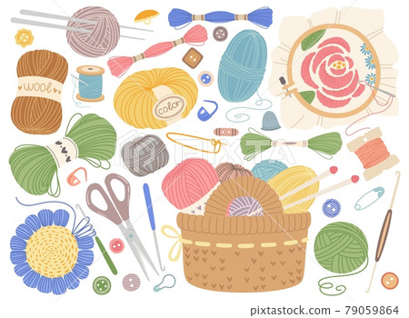 Knitting tools. Embroidery, sewing or crochet equipment. Wool yarns, knitting needles, buttons. Flat cartoon handicraft elements vector set Knitting tools. Embroidery, sewing or crochet equipment. Wool yarns, knitting needles, buttons. Flat cartoon handicraft elements vector set 79059864
