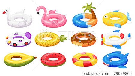 Swimming ring. Inflatable pool accessories, floating rubber toys watermelon, pineapple, donut, flamingo. Cartoon summer swim ring vector set Swimming ring. Inflatable pool accessories, floating rubber toys watermelon, pineapple, donut, flamingo. Cartoon summer swim ring vector set 79059866