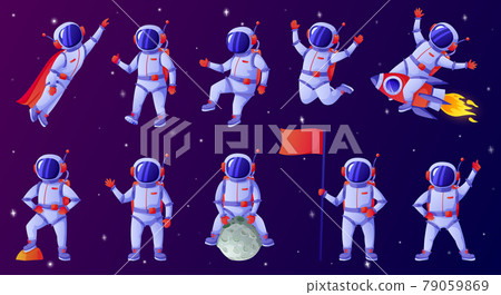 Cartoon astronaut. Cosmonaut waving hand, holding flag, dancing, sitting on moon, riding rocket. Spaceman in outer space vector set Cartoon astronaut. Cosmonaut waving hand, holding flag, dancing, sitting on moon, riding rocket. Spaceman in outer space vector set 79059869