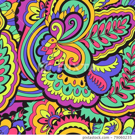 Seamless psychedelic pattern with crazy colorful ornamental elements. Seamless psychedelic pattern with crazy colorful ornamental elements. 79060235
