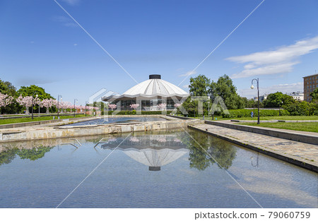 View over the Moscow State Circus  on Vernadskogo Prospekt with blooming spring trees, sunny day, Russia 79060759