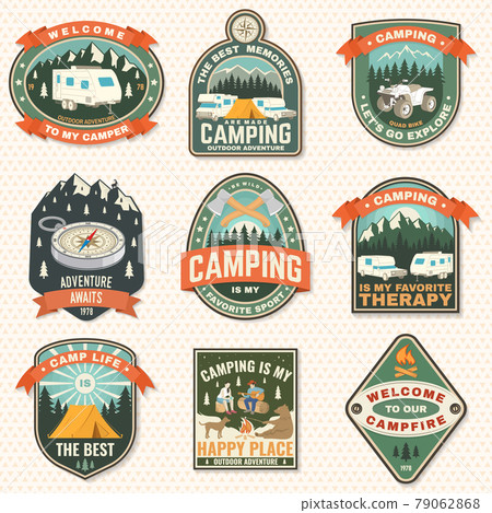 Set of camping badges. Vector Patch or sticker.... - Stock Illustration ...