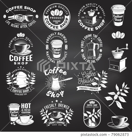 Set of Coffe shop logo, badge template on the chalkboard. Vector. Typography design with coffee grinder and coffee maker silhouette. Template for menu for restaurant, cafe, bar, packaging 79062873