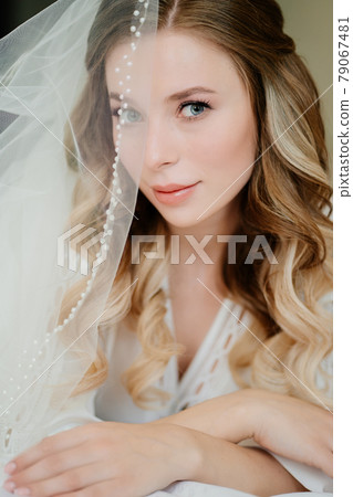 the bride's morning. a beautiful young woman with long hair under the veil 79067481