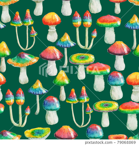 Seamless watercolor pattern with hand painted psychedelic mushrooms. 79068869