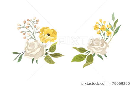 Flower Composition with White Rose and Floral Leafy Branches Vector Set Flower Composition with White Rose and Floral Leafy Branches Vector Set 79069290