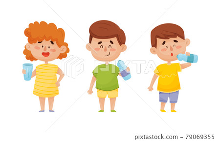 Kid Characters Standing and Drinking Still Mineral Water from Plastic Bottle Vector Illustrations Set 79069355