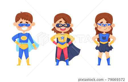 Smiling Boy and Girl Character in Superhero Costume and Cloak Standing Ready to Save the World Vector Illustrations Set 79069372