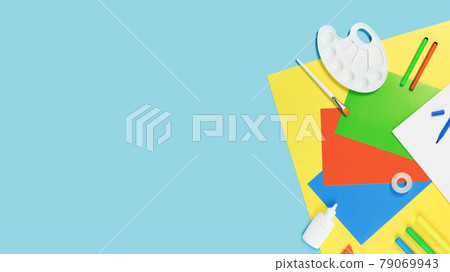 Color paper, paint and school stationery on blue Color paper, paint and school stationery on blue 79069943