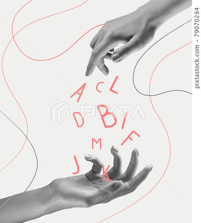 Contemporary art collage. Female and male hands isolated over light background. 79070284