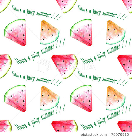 Pattern with slices of watermelon on a white background and writing about summer Pattern with slices of watermelon on a white background and writing about summer 79070910