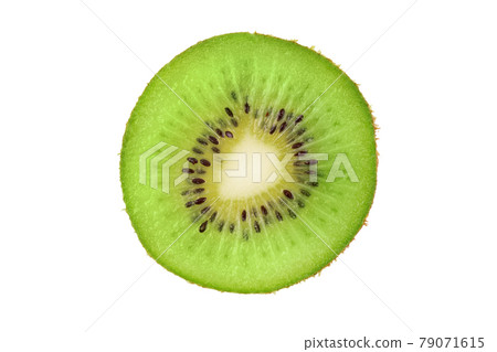 Ripe fresh juicy single qiwi fruit close up. Closeup slice of one green kiwi fruit isolated on white background. Ripe fresh juicy single qiwi fruit close up. Closeup slice of one green kiwi fruit isolated on white background. 79071615