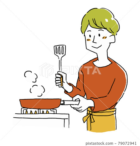 烹調在煎鍋的一個人 79072941