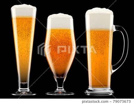 Set of fresh beer in different mugs with bubble froth isolated on black. Set of fresh beer in different mugs with bubble froth isolated on black. 79073673