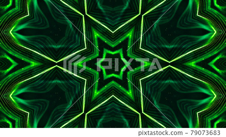 3d render. Green motion design background with symmetrical star pattern. Abstract sci-fi bg with glow particles form curved lines, surfaces, hologram or virtual digital space. Floral structure 79073683