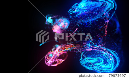 3d render. Injection of fluorescent ink in water isolated on black background. Glow particles or sparks like shiny magic spell. Fantastic background for festive event. Blue red purple mix 3d render. Injection of fluorescent ink in water isolated on black background. Glow particles or sparks like shiny magic spell. Fantastic background for festive event. Blue red purple mix 79073697