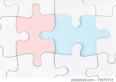 Male and female pieces of puzzle matching each other. Missing piece of jigsaw puzzle on blue background. 79074753