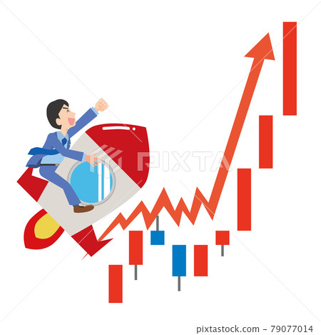 Male office worker flying on a rocket and rising stock price 79077014