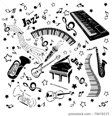 Monochrome background with musical instruments. Vector illustration 79078575