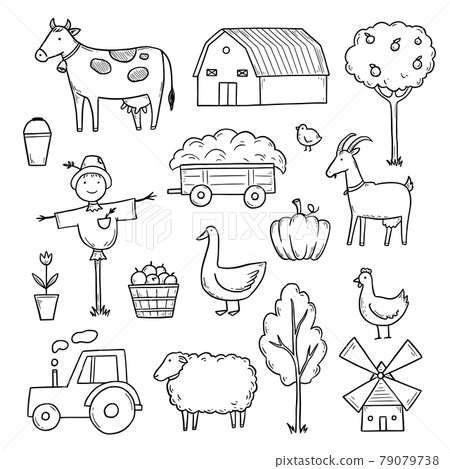 Hand drawn set farm animal, farmer food. Hand drawn set farm animal, farmer food. 79079738