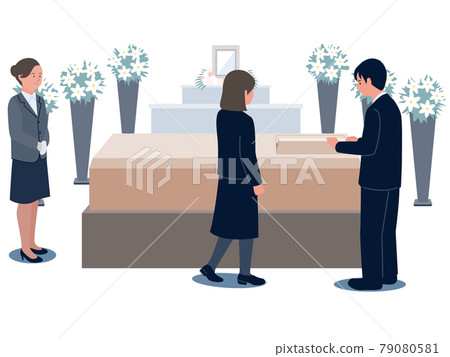 Vector illustration of a family watching a dead person through a coffin window at a funeral hall and a female funeral hall staff watching over it 79080581