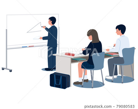 Vector illustration of a high school student taking a class at a cram school and a male cram school teacher writing on a whiteboard 79080583