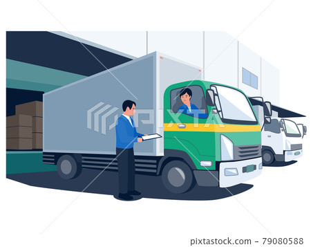 Vector illustration of a male employee talking to a male driver riding a truck at a shipping company Vector illustration of a male employee talking to a male driver riding a truck at a shipping company 79080588