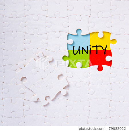 Puzzle pieces connected to each other with the word unity. Puzzle pieces connected to each other with the word unity. 79082022