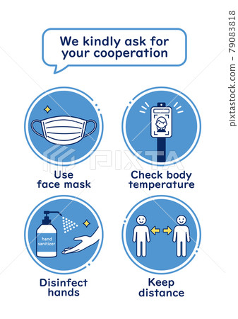 A poster asking you to wear a mask, keep a distance, measure the temperature, and disinfect your fingers in English. A poster asking you to wear a mask, keep a distance, measure the temperature, and disinfect your fingers in English. 79083818