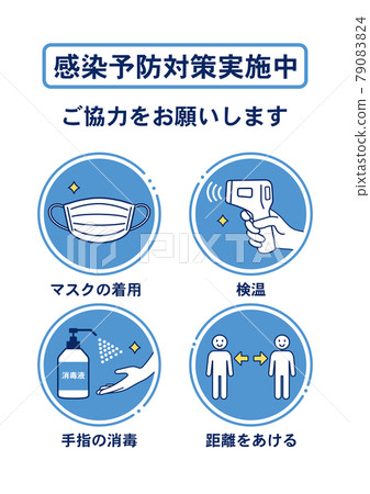 A poster that asks you to wear a mask, keep a distance, measure the temperature, and disinfect your fingers. 79083824