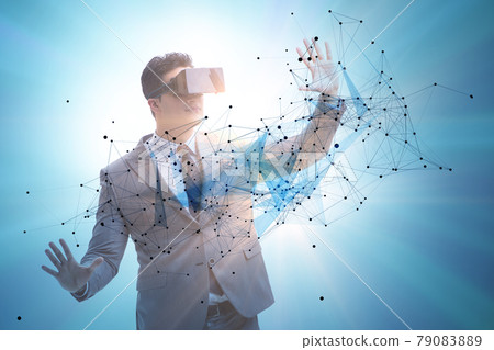 Man in neural network concept with VR glasses Man in neural network concept with VR glasses 79083889