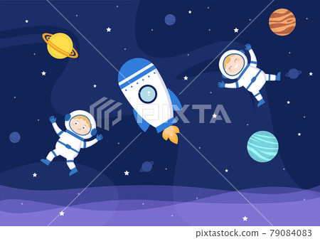 Astronaut With Rocket Illustration For Explore In Outer Space And Movement To See Stars, Moon, Planets Or Asteroids 79084083