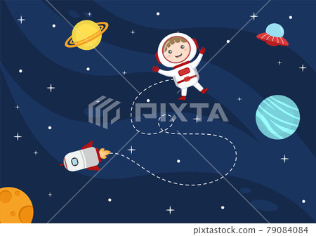 Astronaut With Rocket Illustration For Explore In Outer Space And Movement To See Stars, Moon, Planets Or Asteroids 79084084