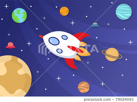 Astronaut With Rocket Illustration For Explore In Outer Space And Movement To See Stars, Moon, Planets Or Asteroids 79084091