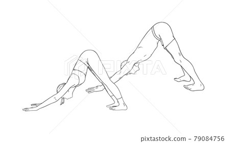 Yoga Downward Facing Dog Pose or Svanasana. Woman and man practicing yoga. Sketch vector illustration Yoga Downward Facing Dog Pose or Svanasana. Woman and man practicing yoga. Sketch vector illustration 79084756
