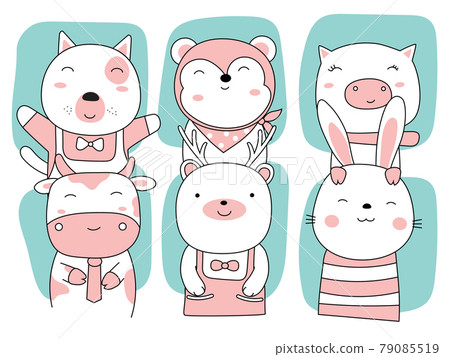 Cartoon sketch the cute animals. Hand drawn style. 79085519