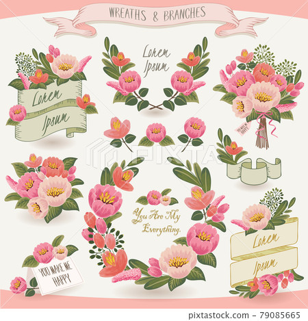 Vector illustration of a floral frame collection. A set of beautiful wreath with flowers and branches for wedding invitations and birthday cards Vector illustration of a floral frame collection. A set of beautiful wreath with flowers and branches for wedding invitations and birthday cards 79085665